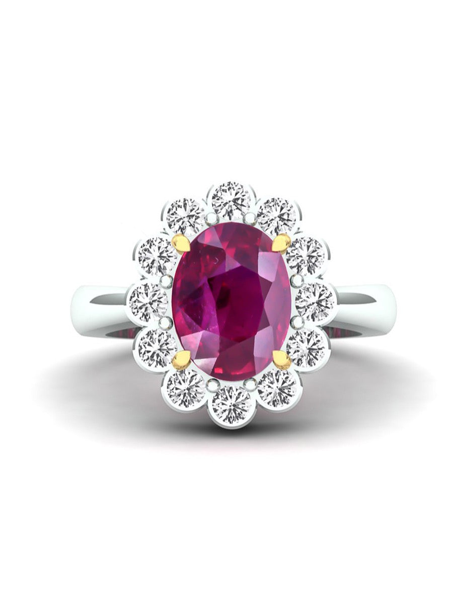 Rare 3ct Ruby & Diamond Halo Ring - Boutee
