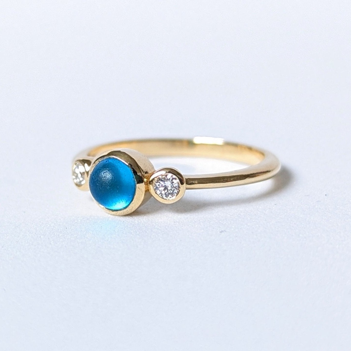 Handcrafted Engagement Ring with Blue Sea Glass & Ocean Diamonds