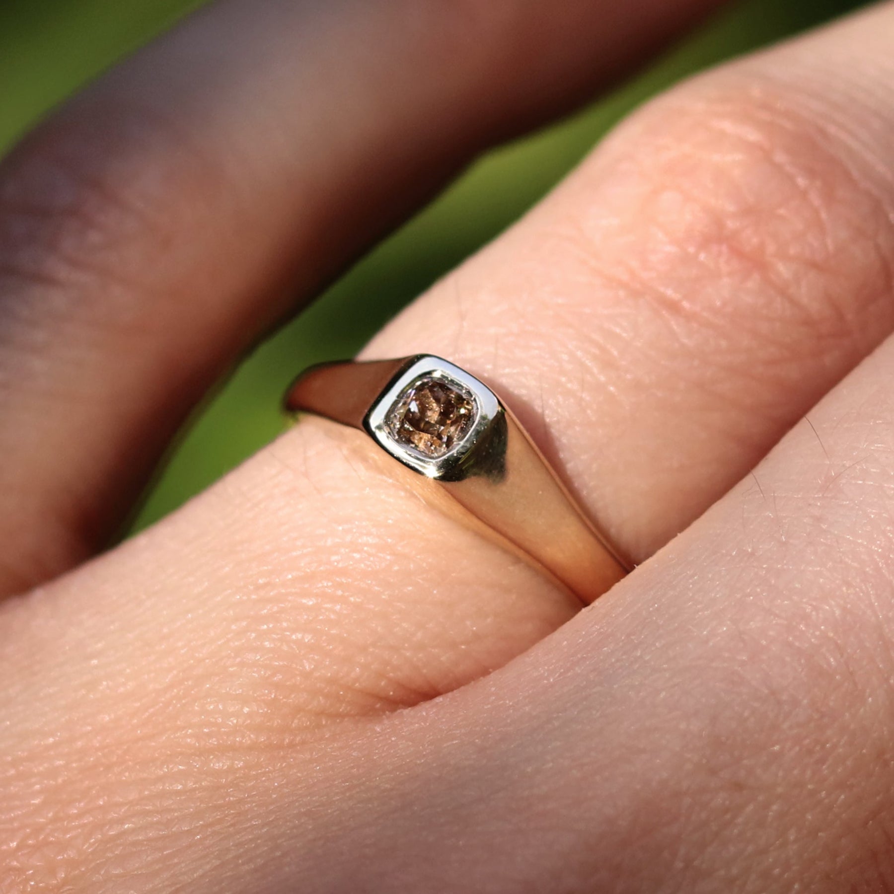Brown Cushion Diamond Signet Ring