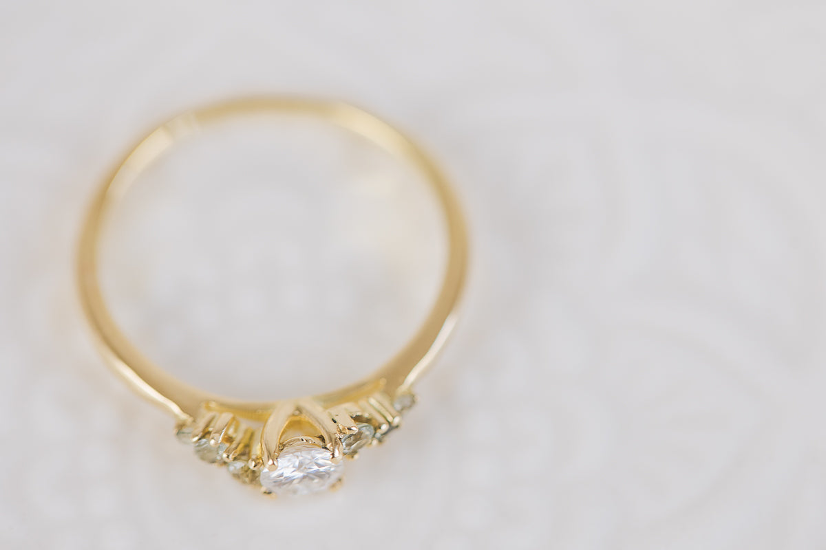 Moissanite and Green Sapphire Scatter Shoulder Engagement Ring - Boutee