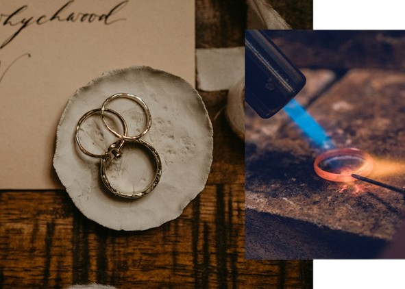 An image of a bespoke ring being made in a workshop, overset above three finished wedding rings.