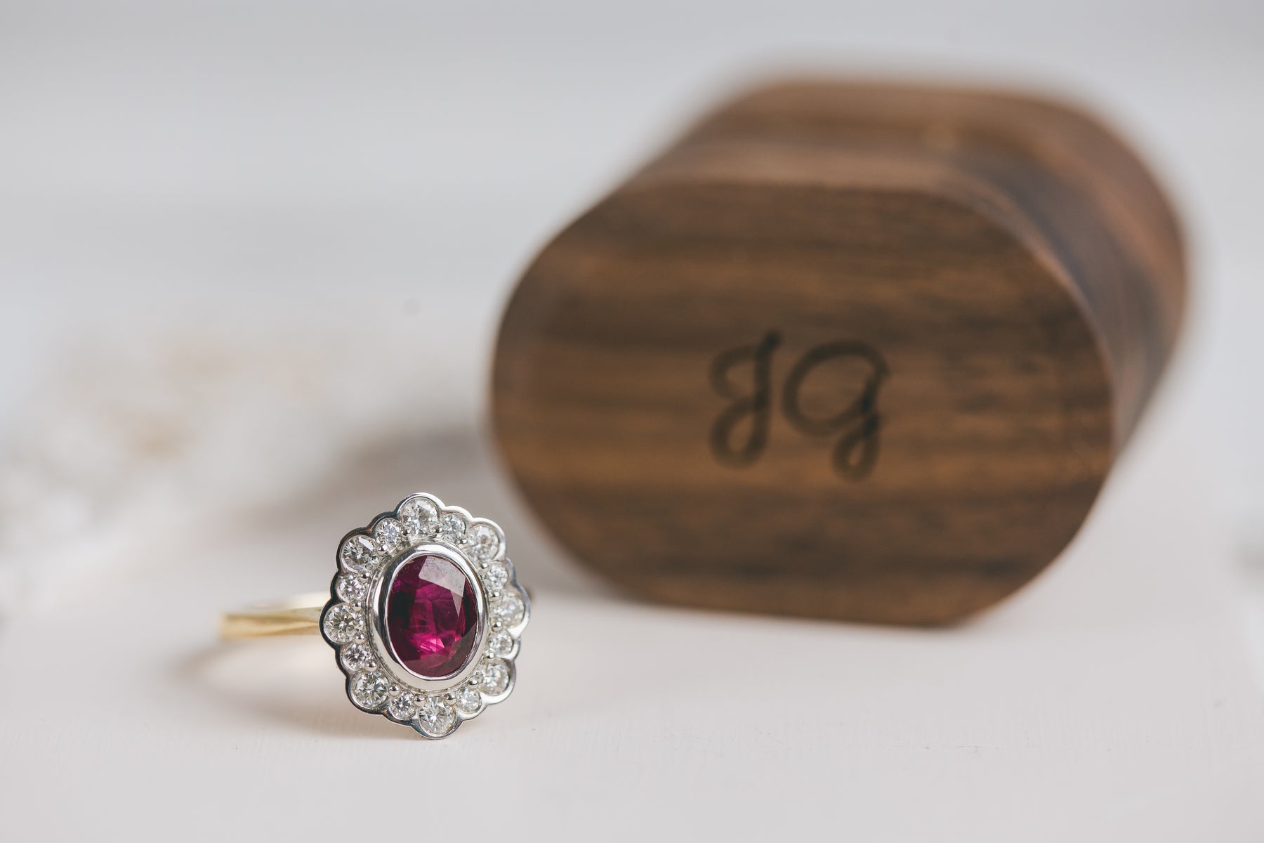 Ruby and Moissanite Scalloped Halo Engagement Ring - Boutee