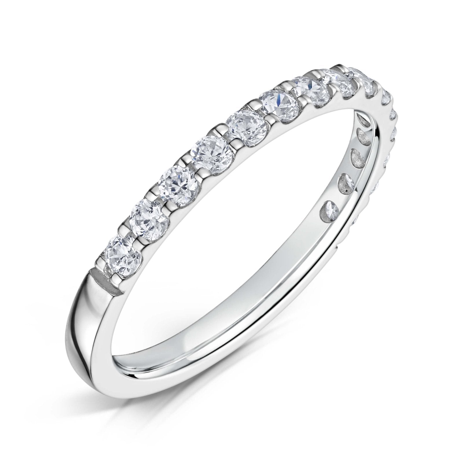 Round Brilliant cut diamonds set half way around a 2.0mm white gold band in a claw style setting on a white background.