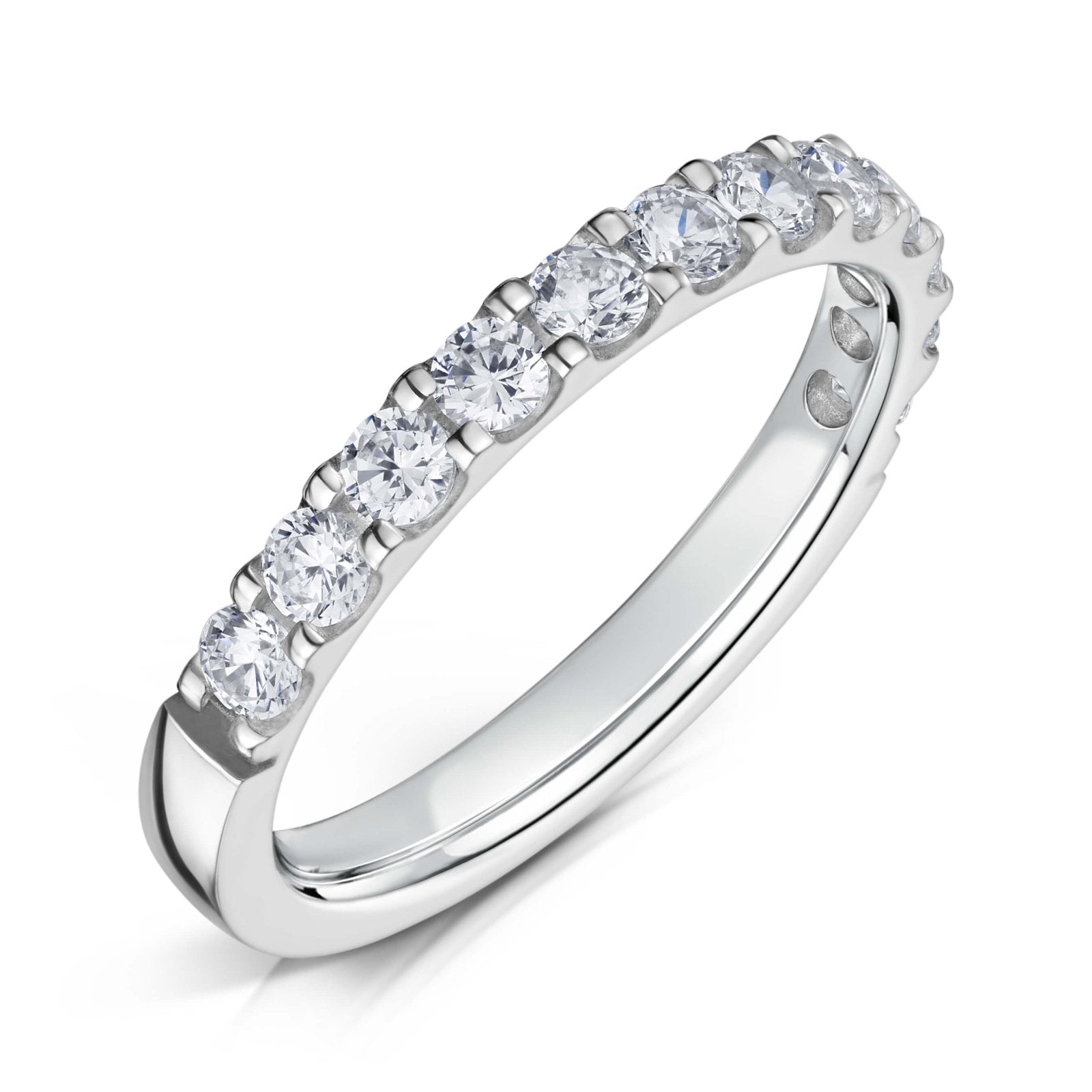 Round Brilliant cut diamonds set half way around a 2.5mm white gold band in a claw style setting on a white background.