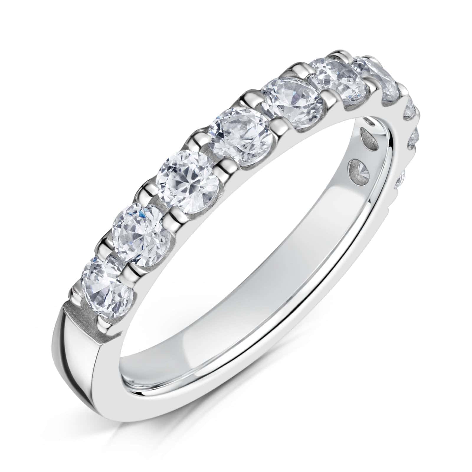 Round Brilliant cut diamonds set half way around a 3.0mm white gold band in a claw style setting on a white background.