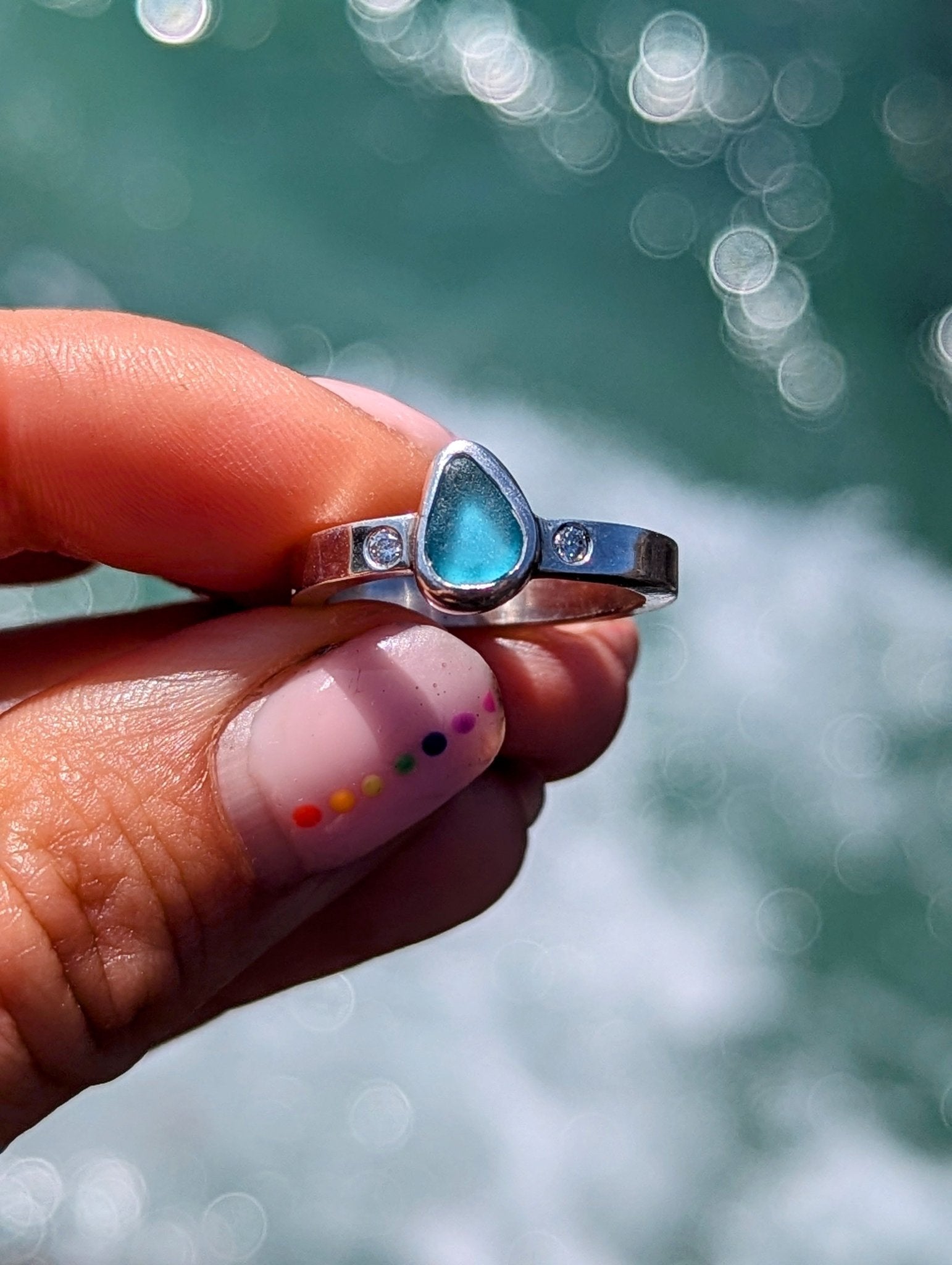 Aqua Blue Sea Glass and Moissanite Silver Ring – Allure CollectionRingsBooblinka Jewellery