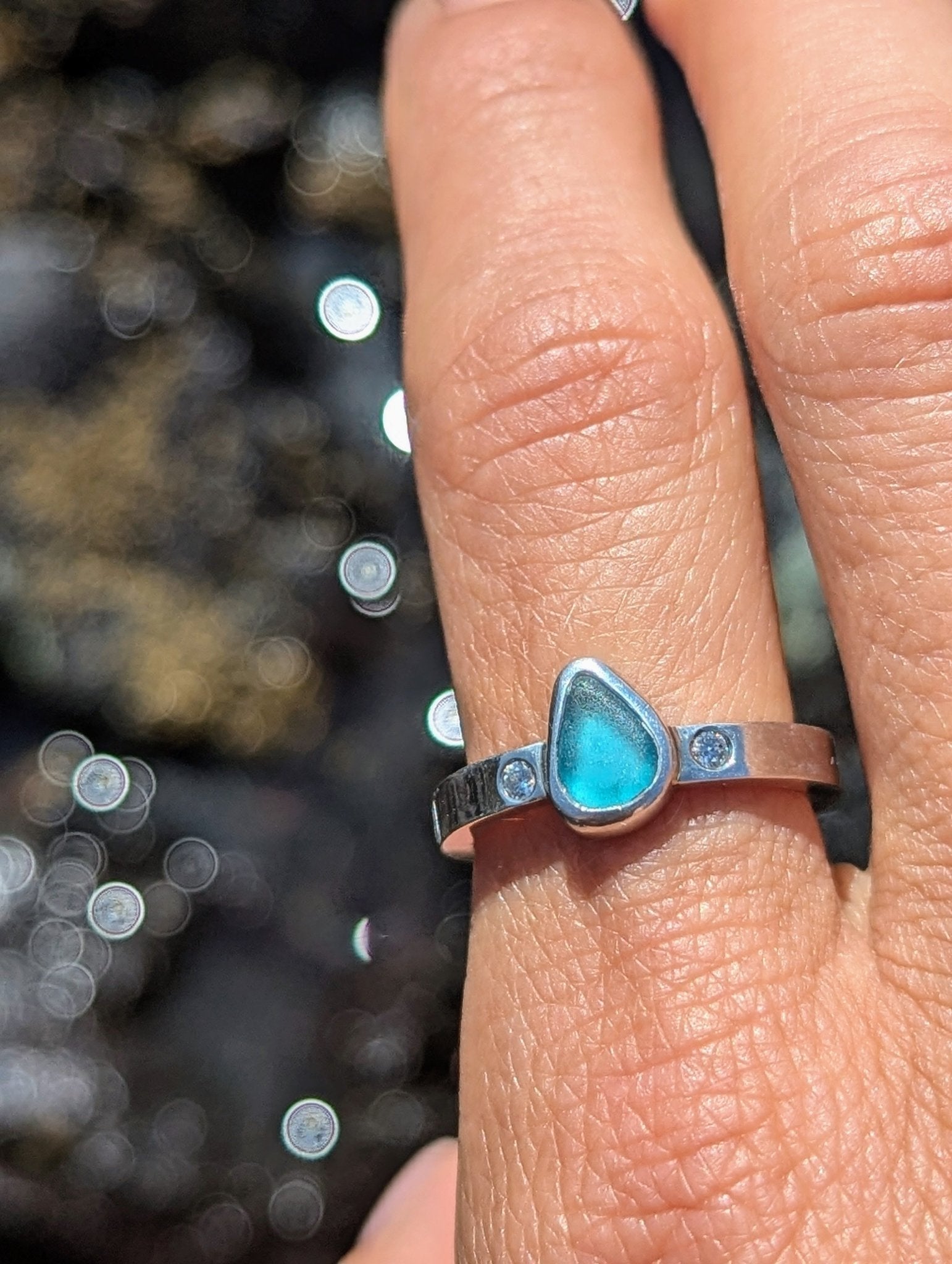 Aqua Blue Sea Glass and Moissanite Silver Ring – Allure CollectionRingsBooblinka Jewellery