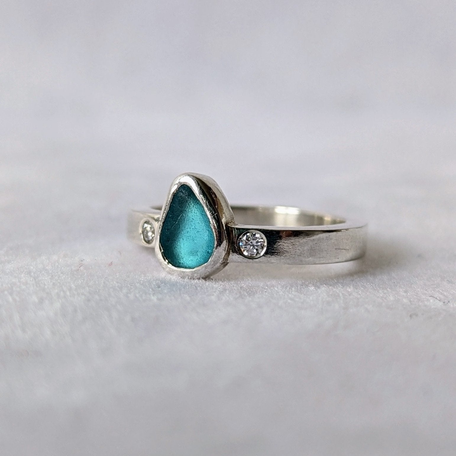 Aqua Blue Sea Glass and Moissanite Silver Ring – Allure CollectionRingsBooblinka Jewellery