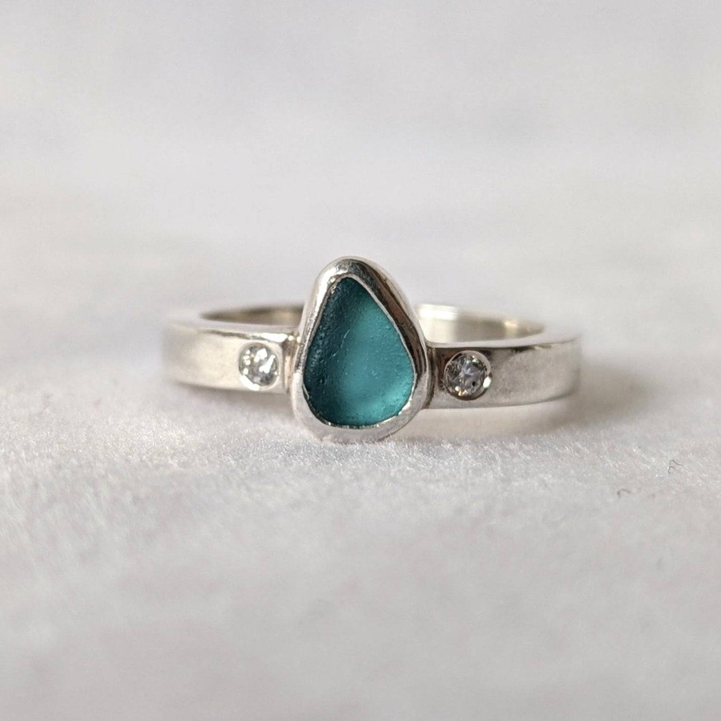 Aqua Blue Sea Glass and Moissanite Silver Ring – Allure CollectionRingsBooblinka Jewellery