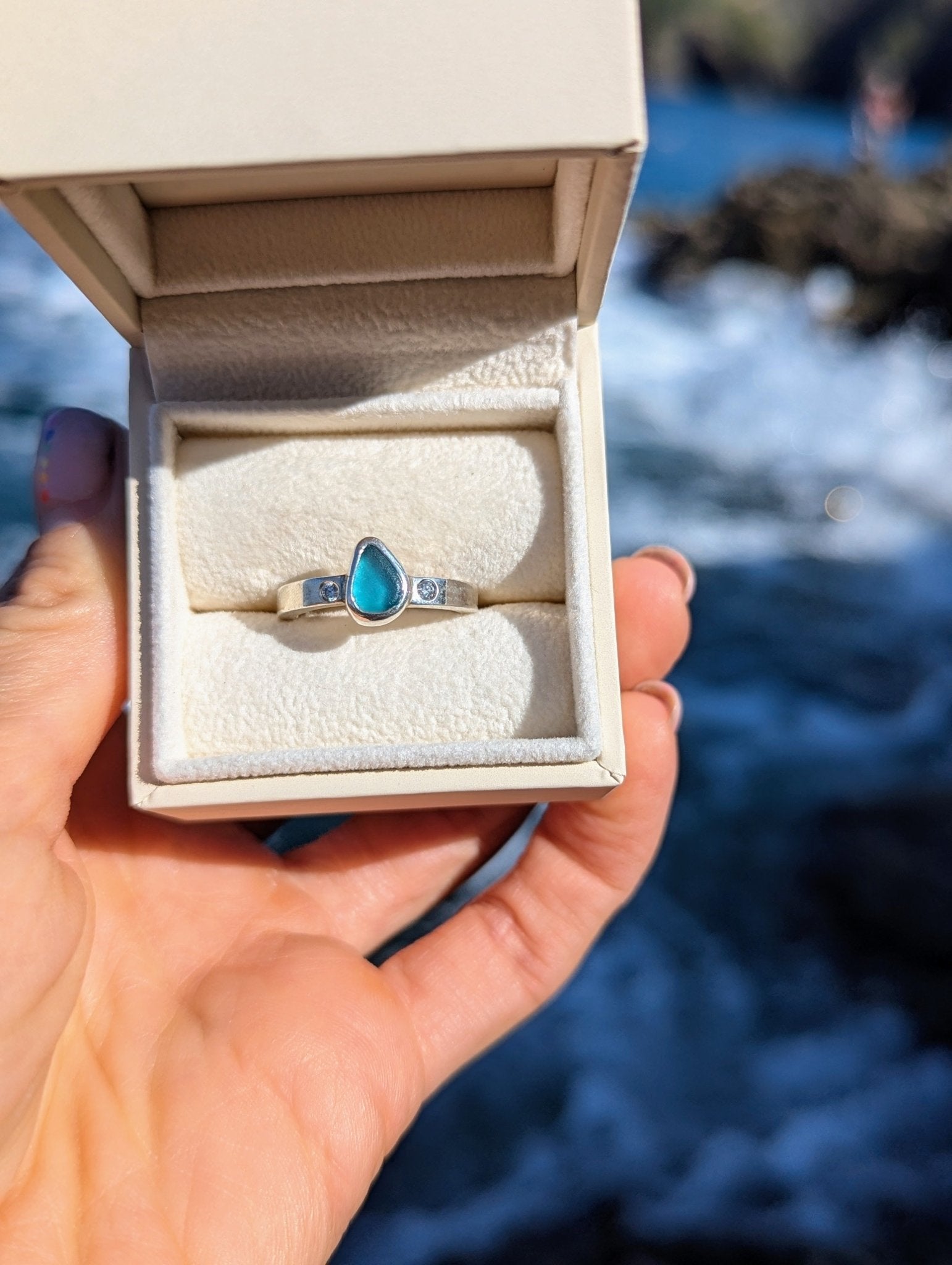 Aqua Blue Sea Glass and Moissanite Silver Ring – Allure CollectionRingsBooblinka Jewellery