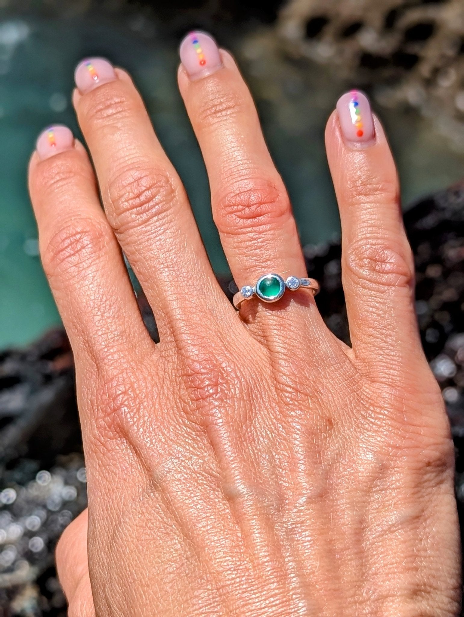 Emerald Green Sea Glass and Moissanite Silver Ring – Allure CollectionRingsBooblinka Jewellery
