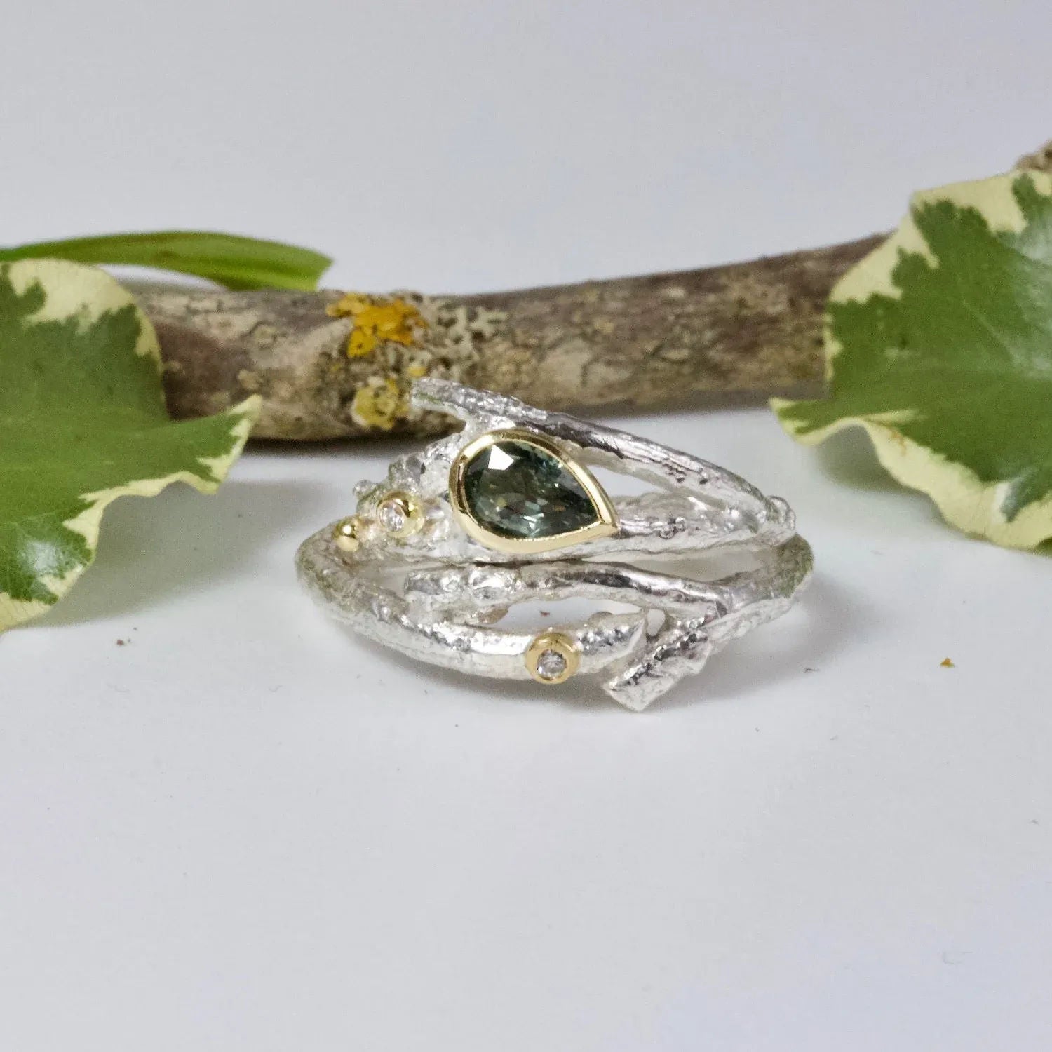 Diamond Twig Elvish Ring-Rustic Silver Wedding Ring-Diamond Wedding Ring-April Birthstone Ring - Boutee