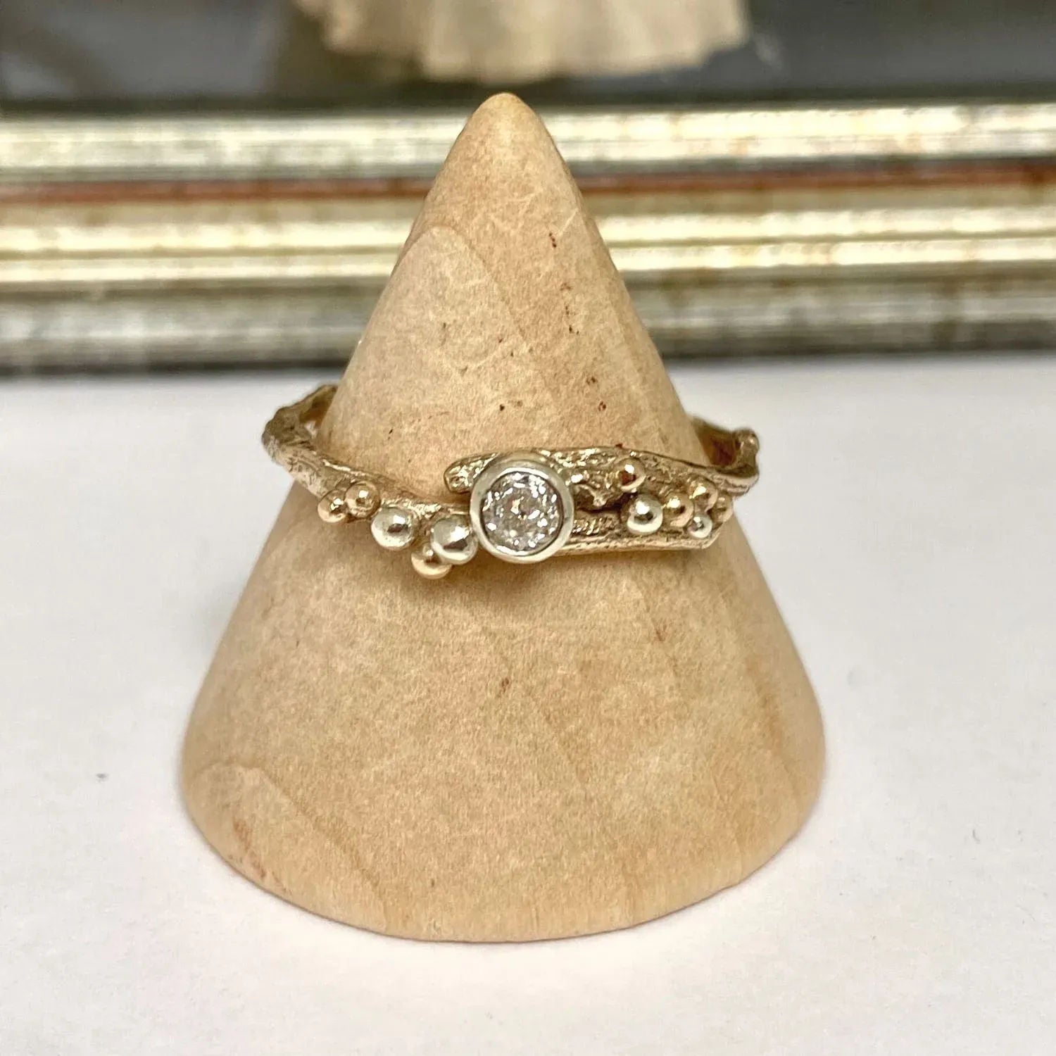 Recycled Vintage Diamond Twig Ring, Unique Eco Gold Engagement Ring - Boutee