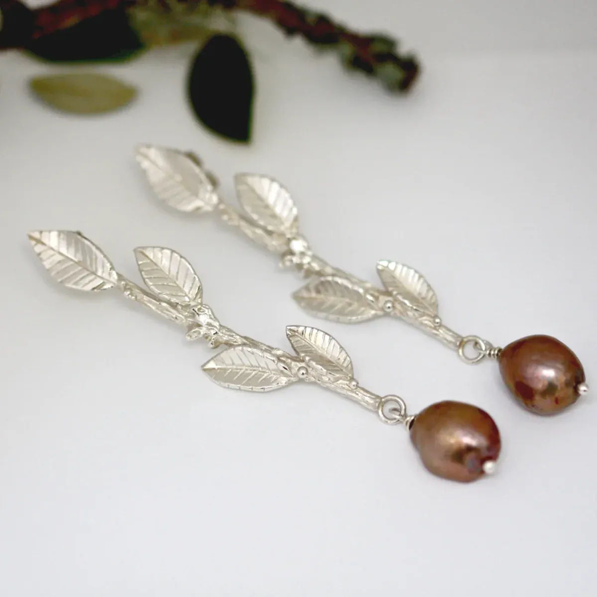 Statement Silver Laurel Leaf and Pearl Earrings, Long Drop Wedding Earrings - Boutee