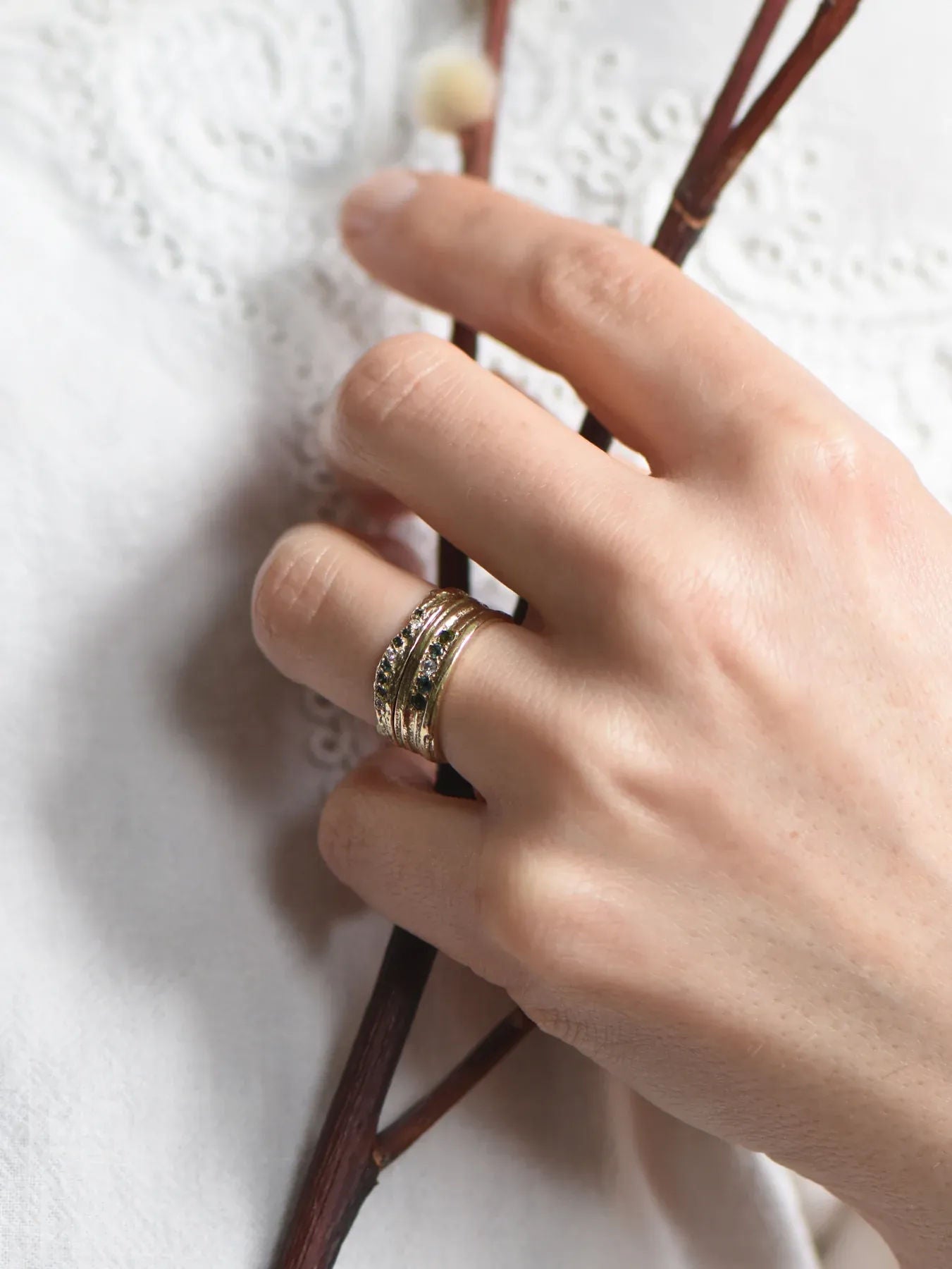 14ct Gold Skinny London Plane Ring with Diamonds and Tourmalines - Boutee