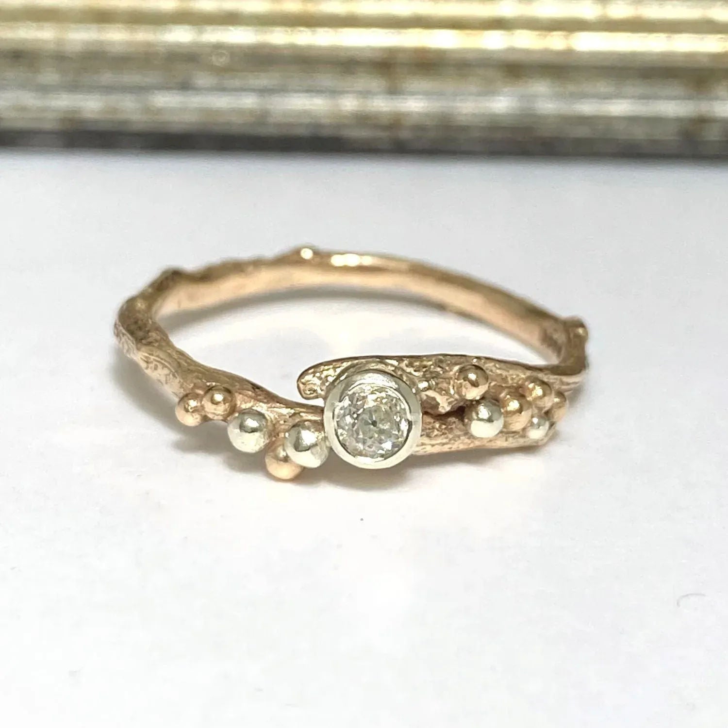 Recycled Vintage Diamond Twig Ring, Unique Eco Gold Engagement Ring - Boutee