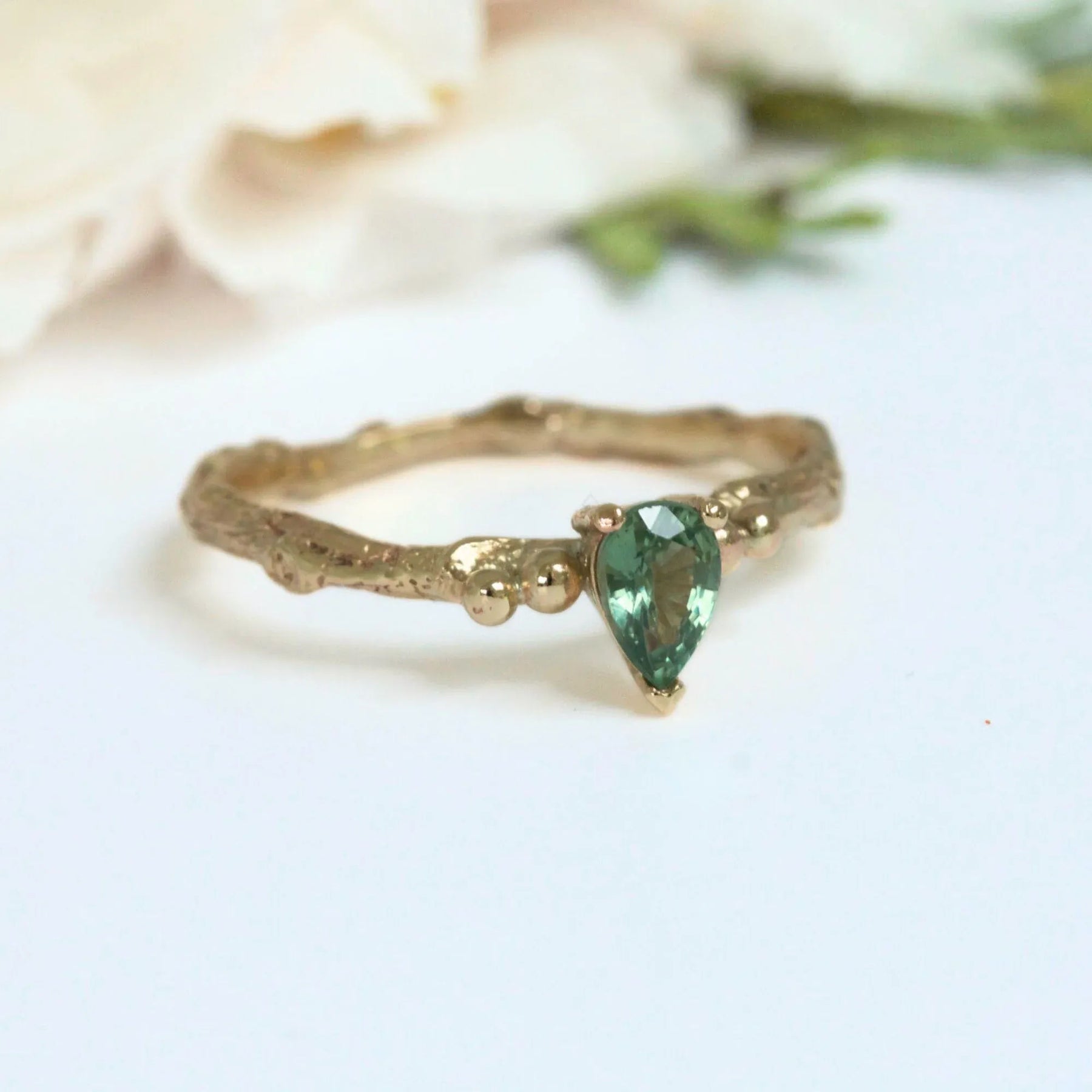 Pear Green Sapphire Engagement Ring, Gold Twig Ring - Boutee
