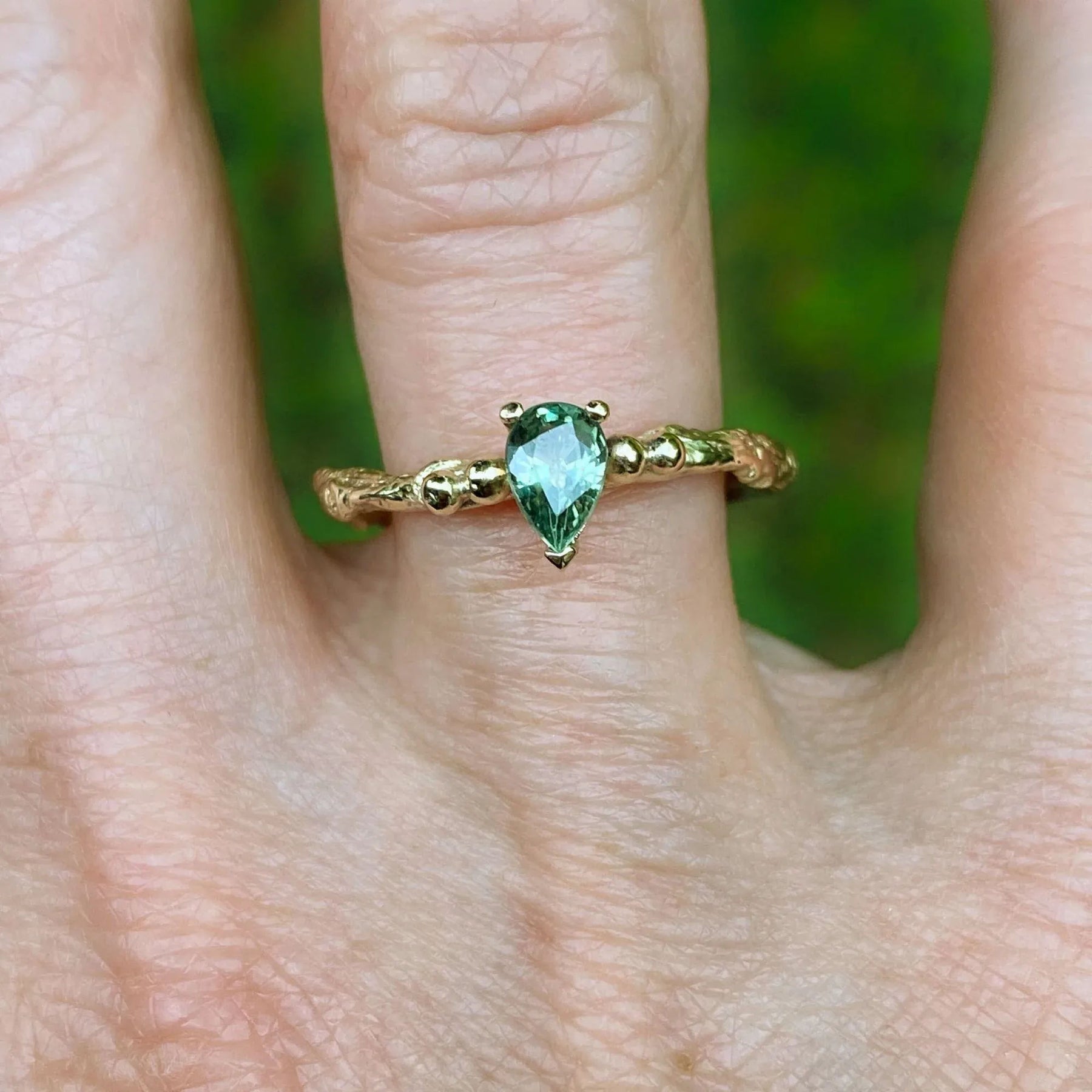 Pear Green Sapphire Engagement Ring, Gold Twig Ring - Boutee