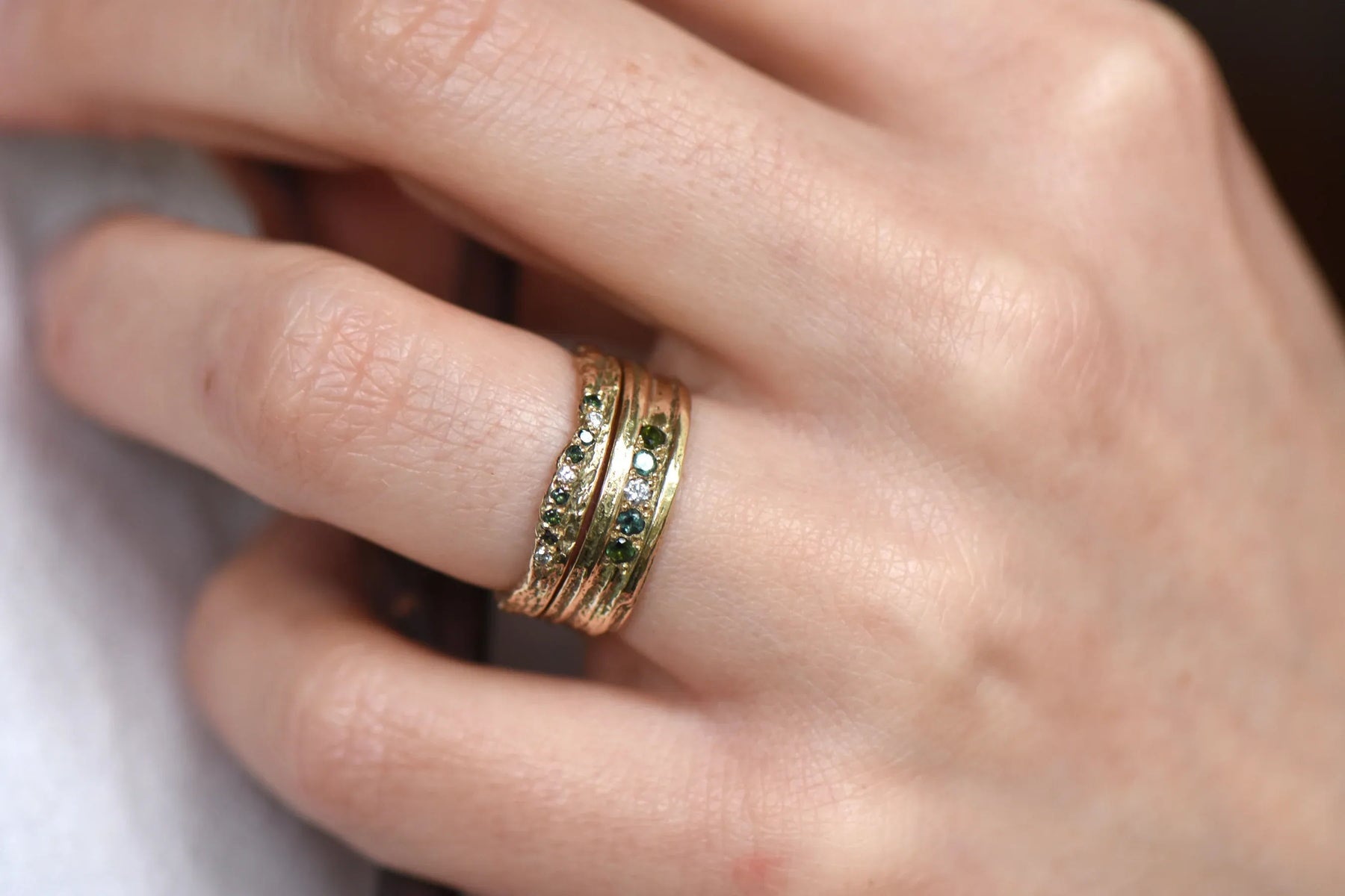 14ct Gold Skinny London Plane Ring with Diamonds and Tourmalines - Boutee