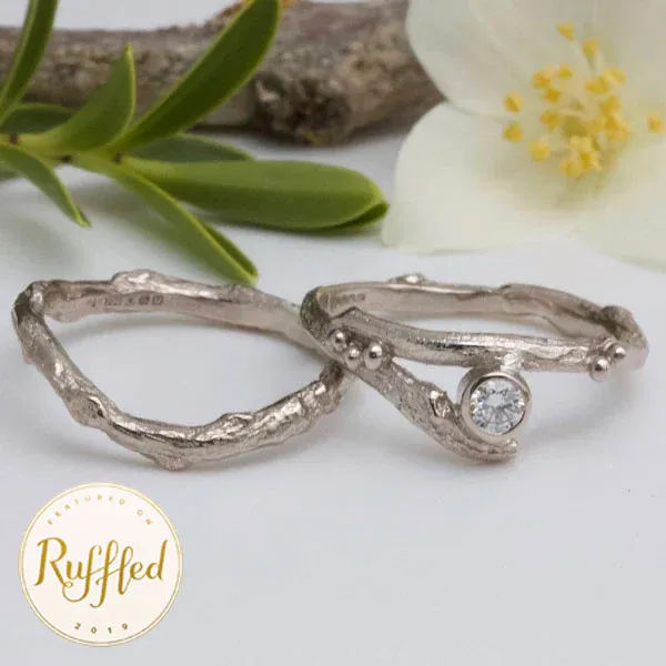 18ct Gold and Diamond Twig Engagement Ring Set-alternative diamond engagement ring-elvish rings - Boutee