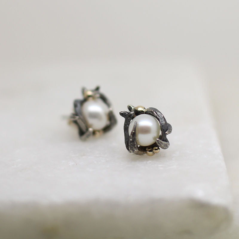 Silver & 9ct Gold Ocean Pearl Stud Earrings - Boutee