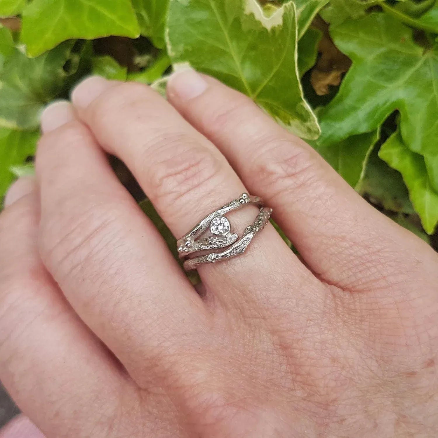 18ct Gold and Diamond Twig Engagement Ring Set-alternative diamond engagement ring-elvish rings - Boutee