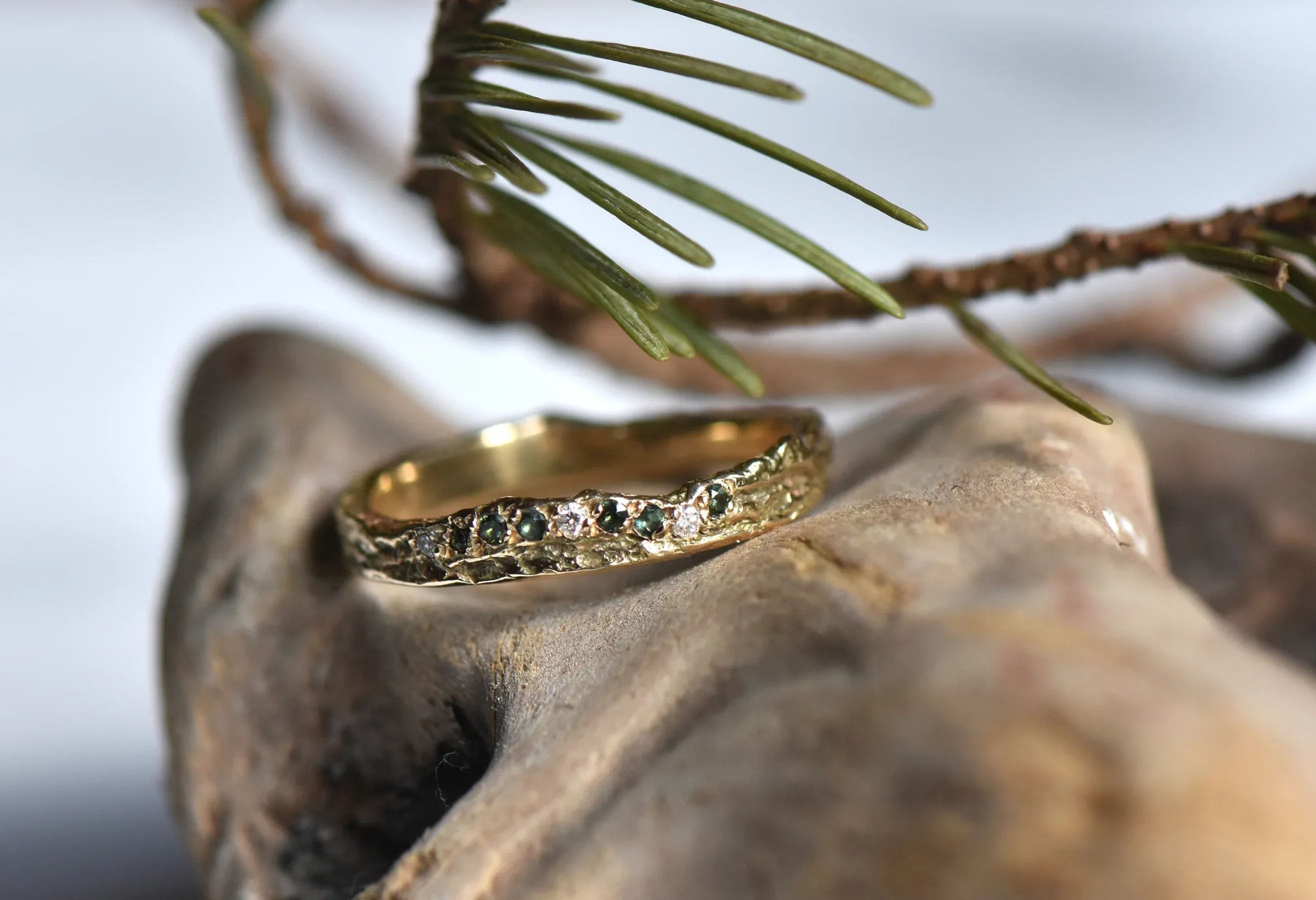 14ct Gold Skinny London Plane Ring with Diamonds and Tourmalines - Boutee