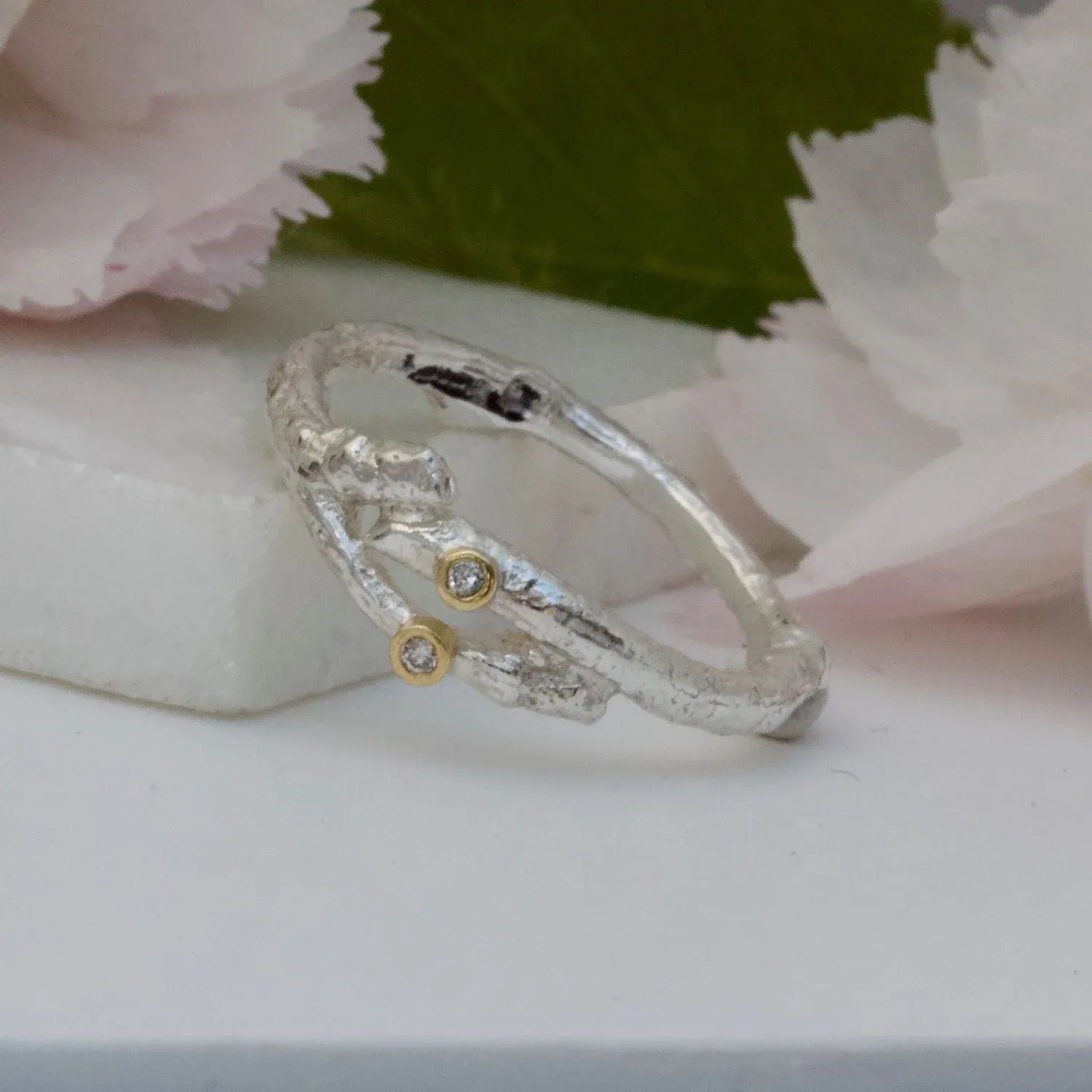 Diamond Twig Elvish Ring-Rustic Silver Wedding Ring-Diamond Wedding Ring-April Birthstone Ring - Boutee