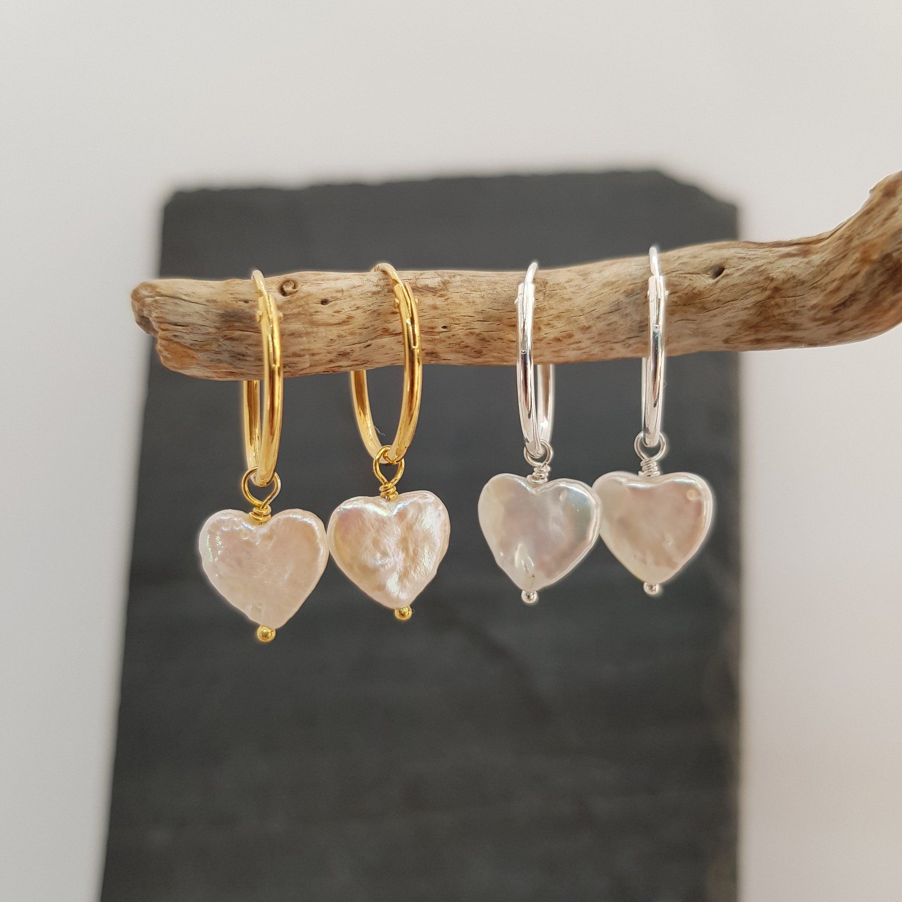 Pearl Heart Silver Creole Hoop Earrings - Boutee