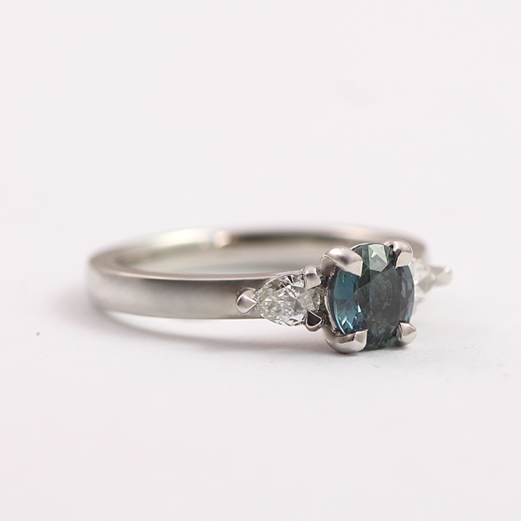 Teal Sapphire & Diamond Trilogy Ring