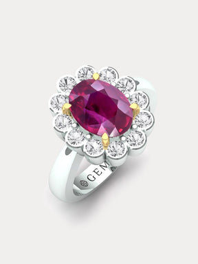 Rare 3ct Ruby & Diamond Halo Ring - Boutee