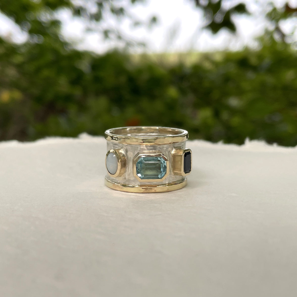 Aquamarine, Opal and Sapphire Chunky Engagement Ring