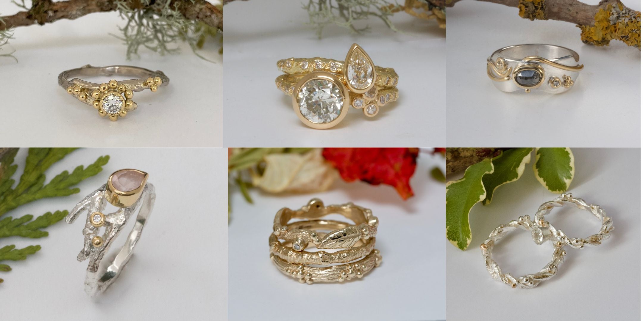 collage of six handmade rings all with natural forms mixture of gold and silver all handmade