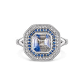 One of a kind blue and white bi-colour Sapphire and diamond cluster ring with split shank One of a kind blue and white bi-colour Sapphire and diamond cluster ring with split shank                