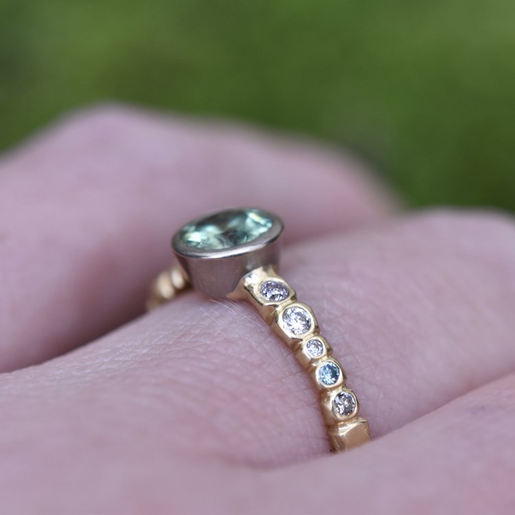 18ct Gold, Demantoid Garnet & Diamond Molten Ring