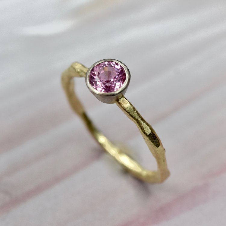 Pink Sapphire Solitaire set in 18ct White & Yellow Fairtrade Gold.