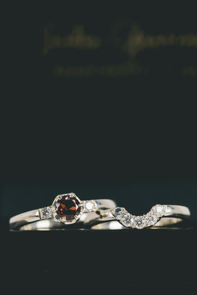 Garnet and Lab Diamond Trilogy Engagement Ring, and Fitted Horseshoe Wedding Ring - Boutee