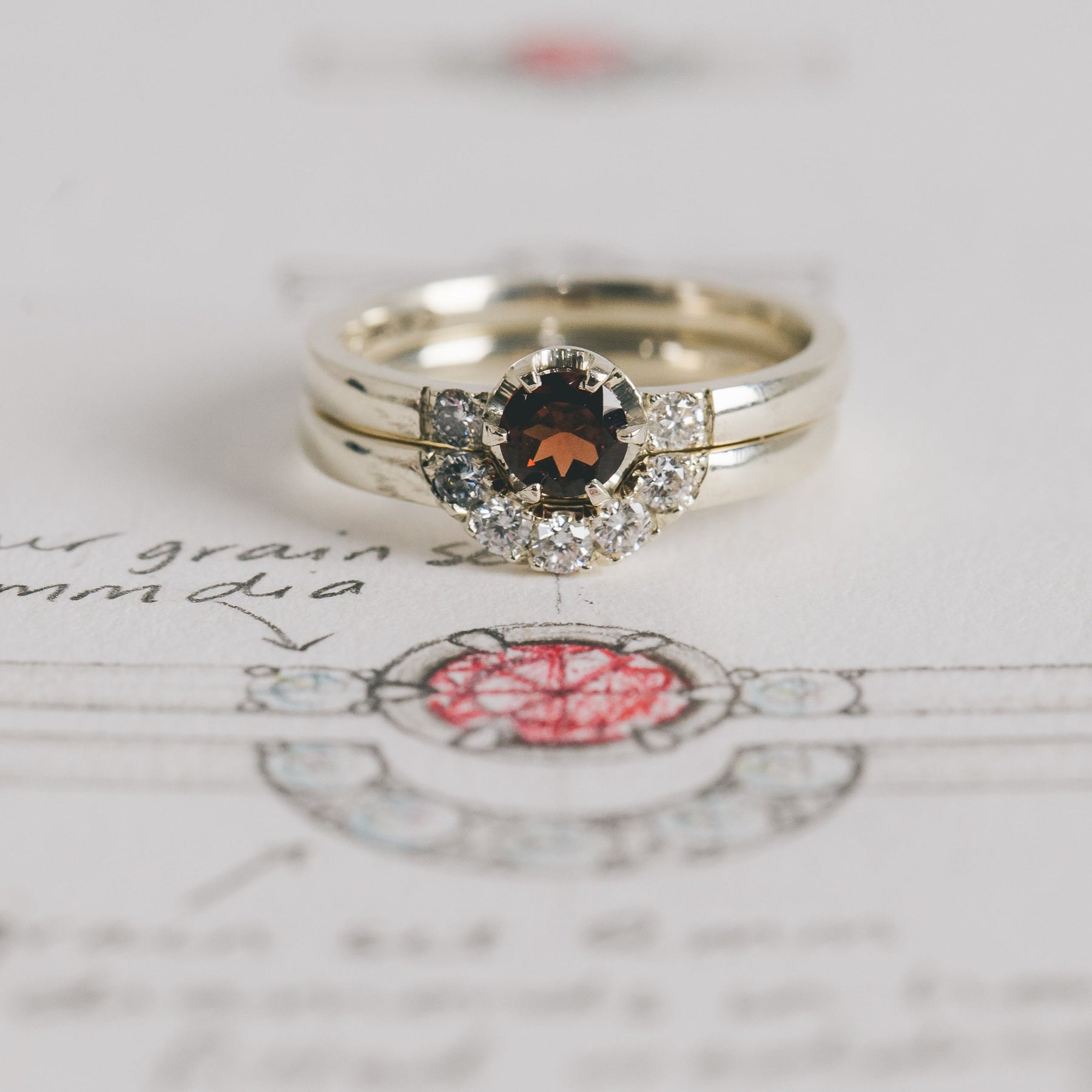 Garnet and Lab Diamond Trilogy Engagement Ring, and Fitted Horseshoe Wedding Ring - Boutee