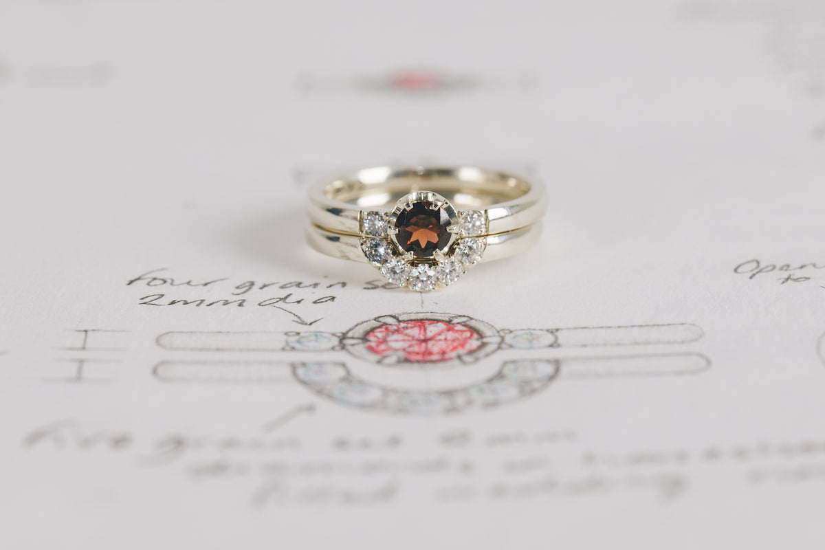 Garnet and Lab Diamond Trilogy Engagement Ring, and Fitted Horseshoe Wedding Ring - Boutee