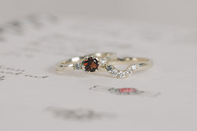 Garnet and Lab Diamond Trilogy Engagement Ring, and Fitted Horseshoe Wedding Ring - Boutee