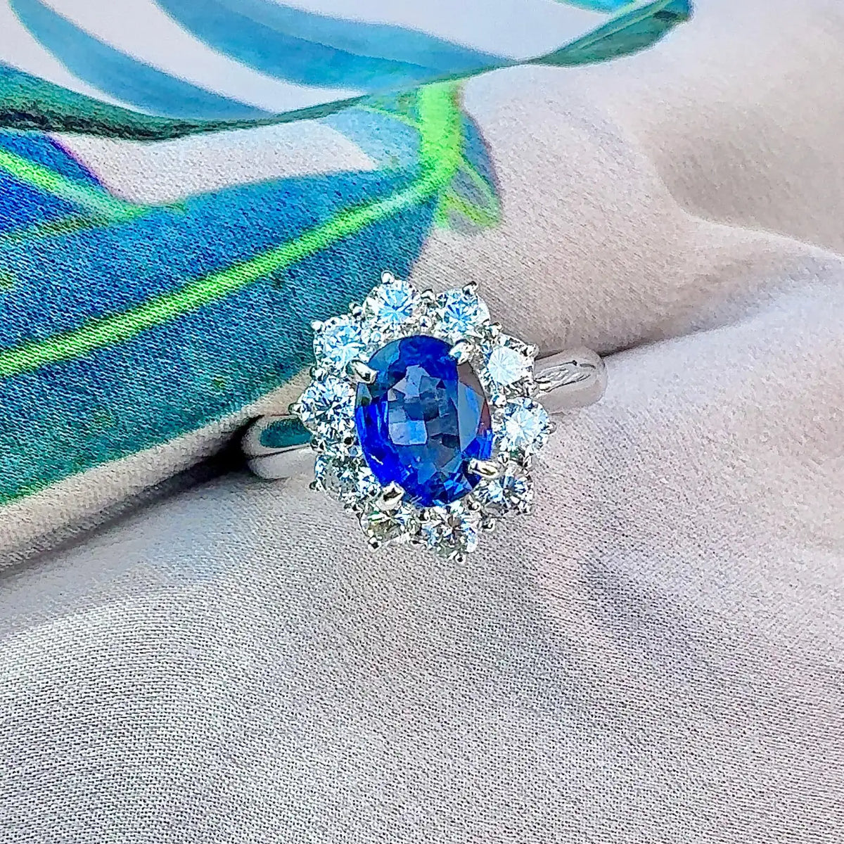 GIA Certified 1.3ct Blue Sapphire & Diamond Halo Platinum Ring - Boutee