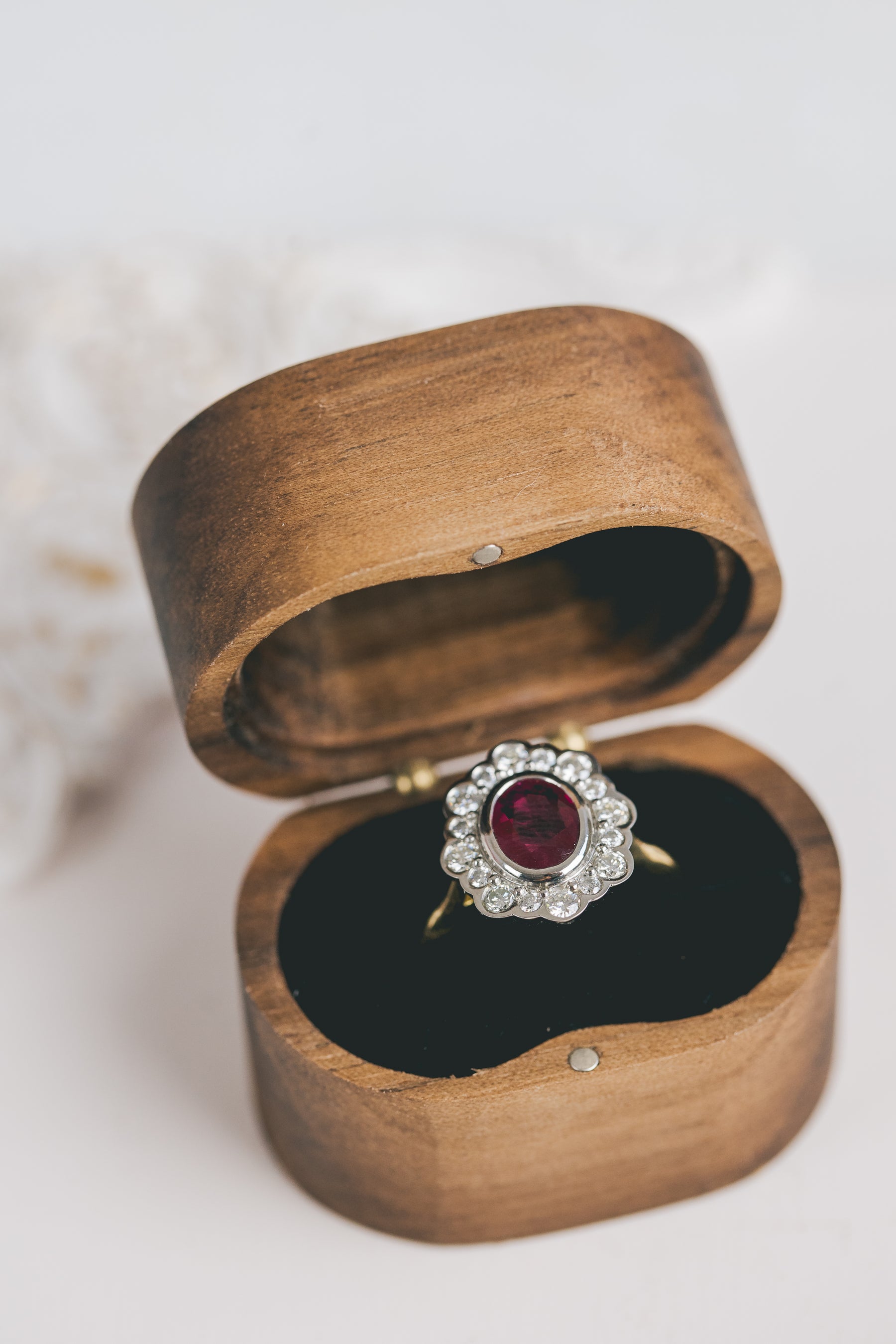 Ruby and Moissanite Scalloped Halo Engagement Ring - Boutee