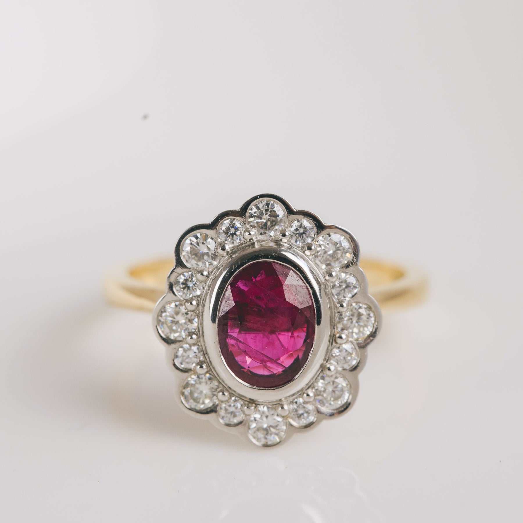 Ruby and Moissanite Scalloped Halo Engagement Ring - Boutee