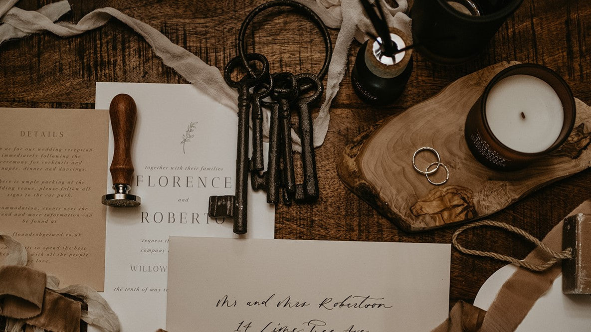 A bench wit hwedding invitation and handmade bespoke wedding rings on top.