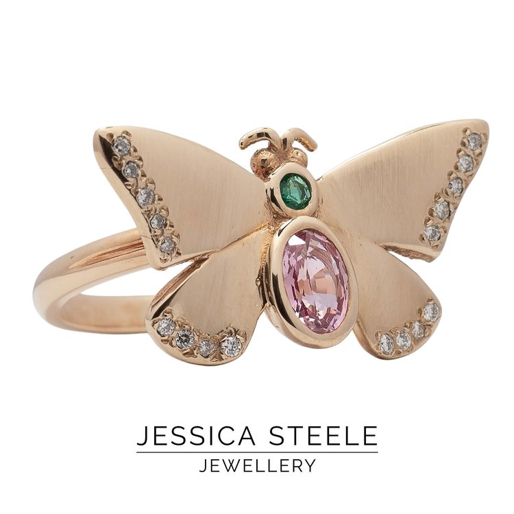 9ct Gold Pink Sapphire, Emerald & Diamond Butterfly Ring - Boutee