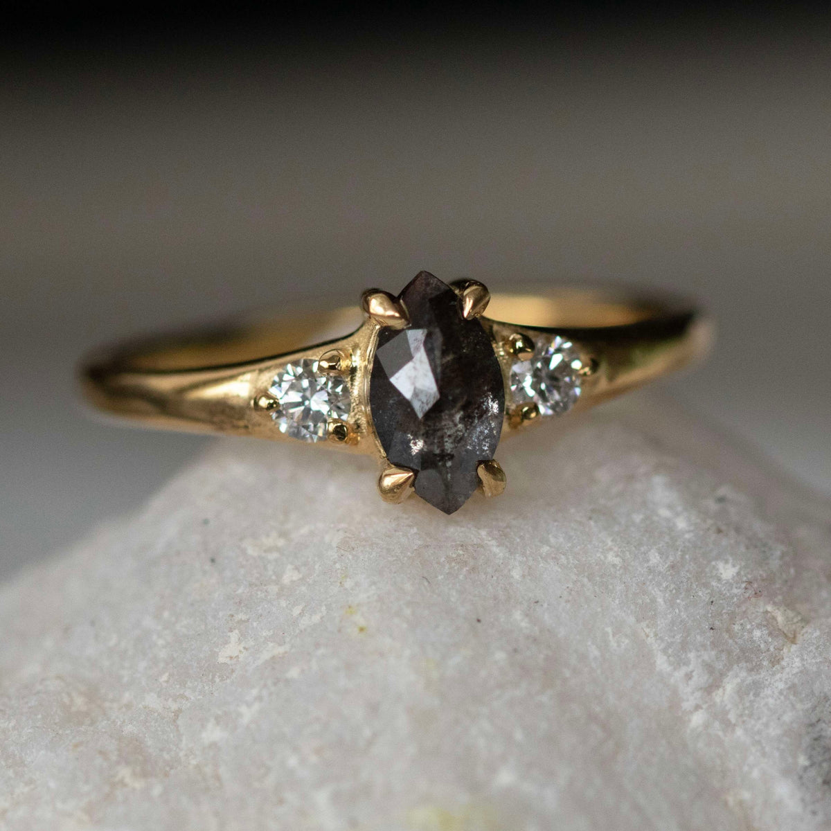 Telesto - Dark Marquise Salt and Pepper Diamond Ring - Boutee
