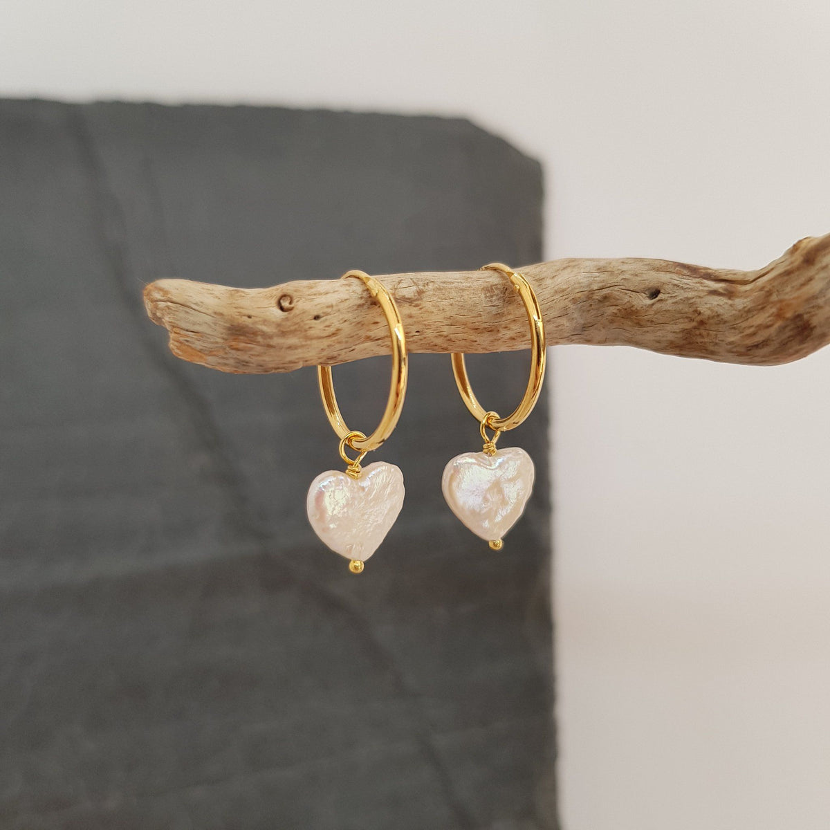 Pearl Heart Silver Creole Hoop Earrings - Boutee