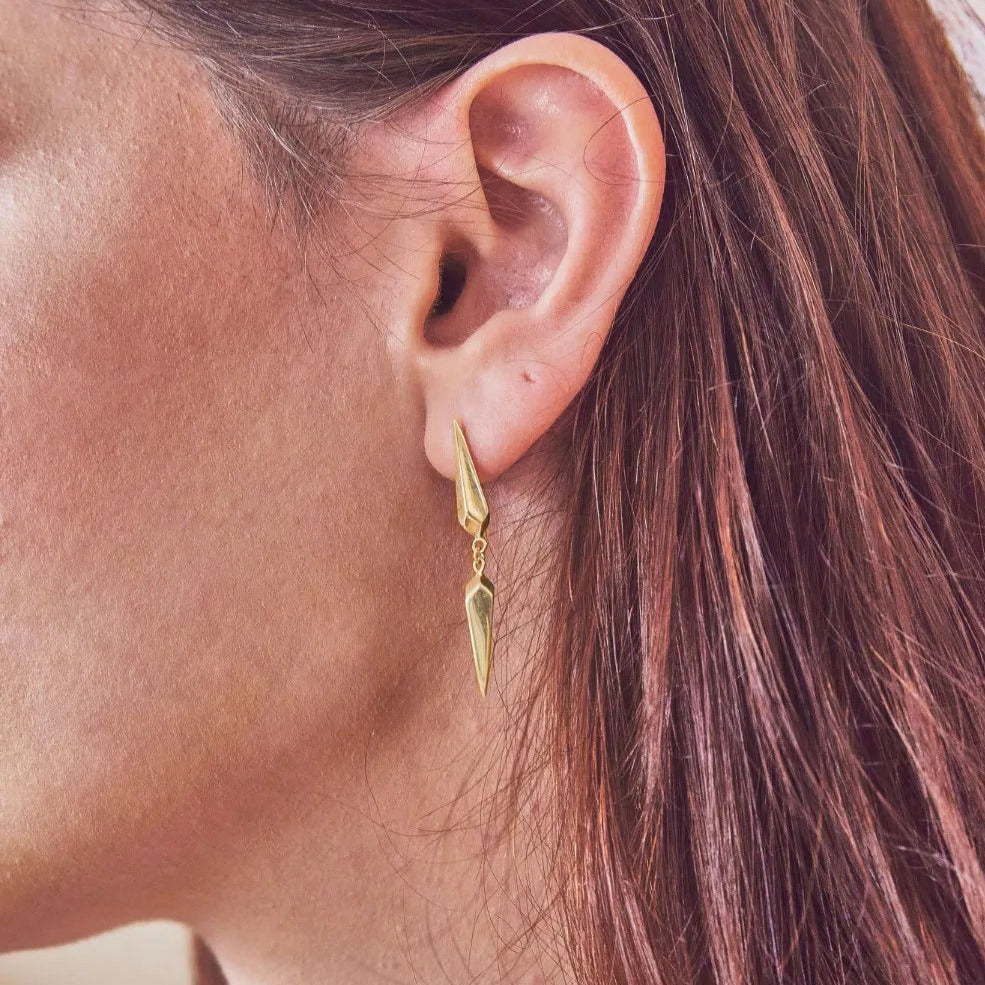 Facet Long Drop Gold Stud Earrings - Boutee