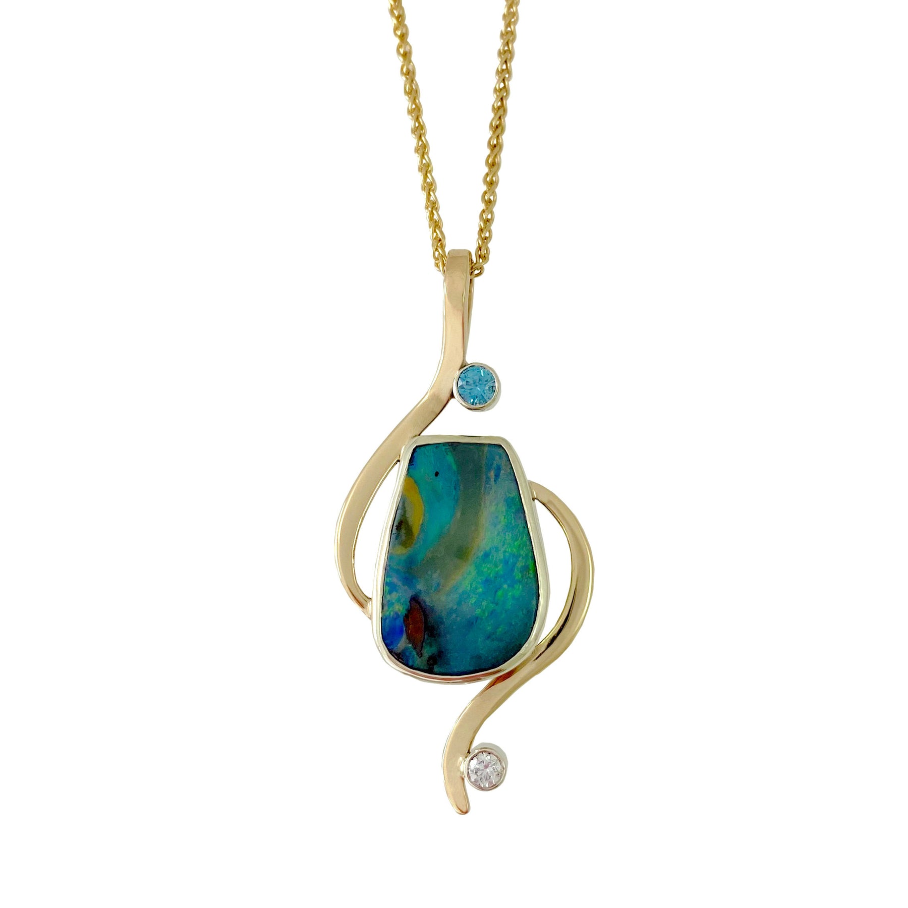 Boulder Opal, Blue Zircon and Diamond Atoll Necklace - Boutee