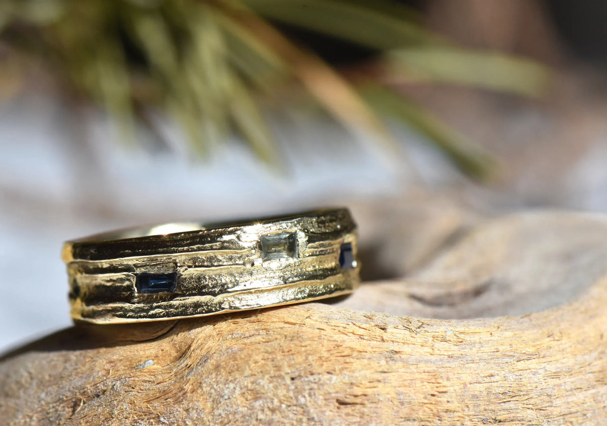 9ct Gold English Oak Ring with Green and Blue Tourmaline Baguettes - Boutee